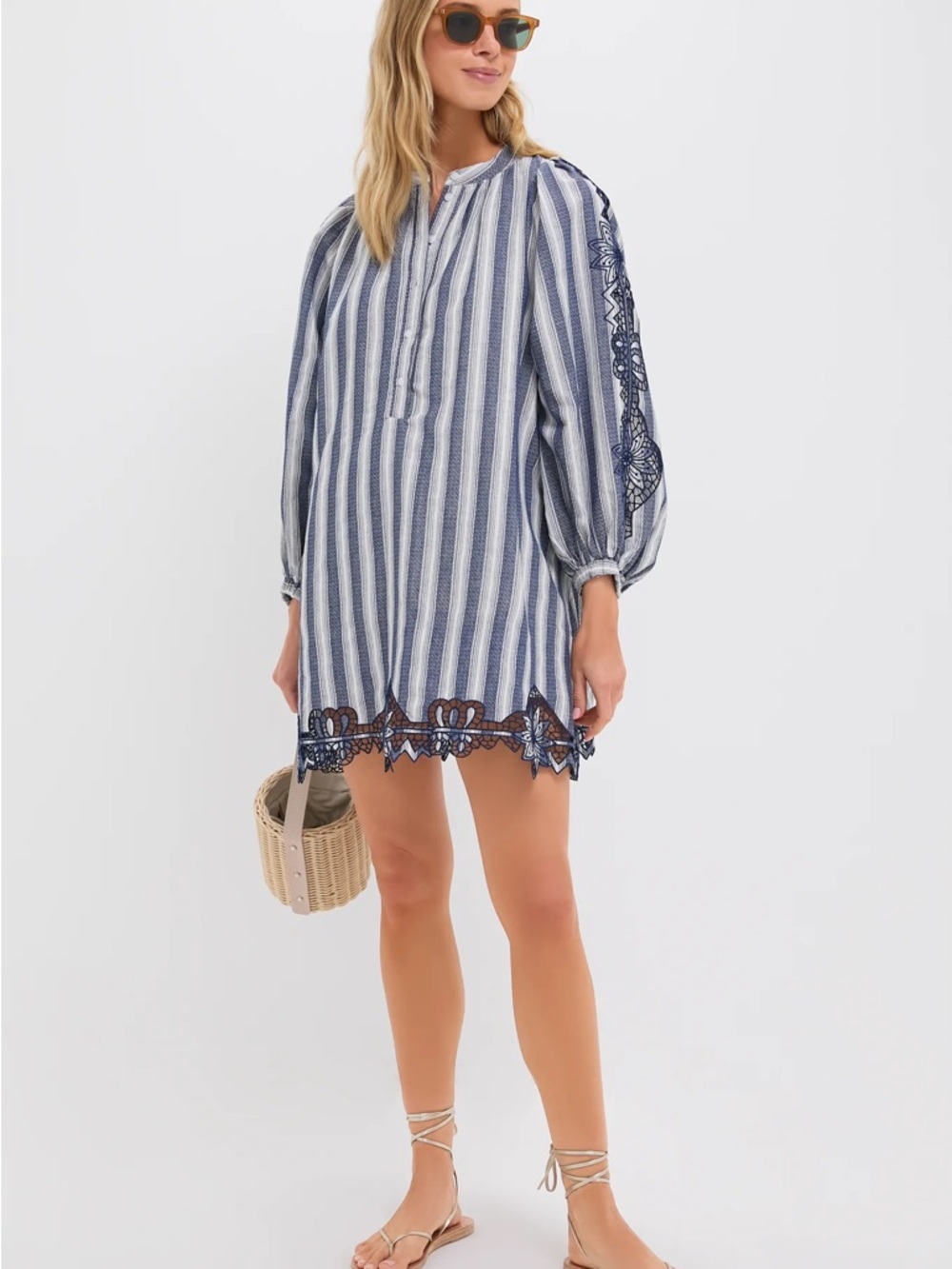 The Shirt by Rochelle Behrens Blue and White Striped Embroidered Mini Dress